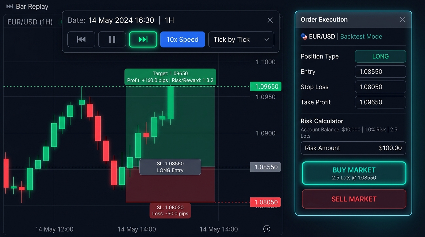 Stepping through market bars on Backtest Trading Lab